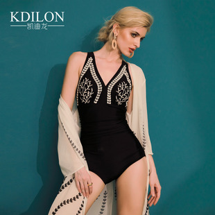 凯迪龙黑白色泳衣女性感小胸聚拢连体时尚 保守遮肚显瘦游泳衣 泳装