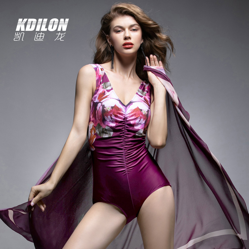 温泉紫色保守性感复古露背游泳衣