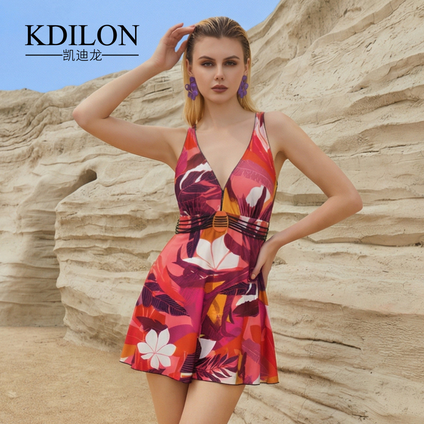 KDILON凯迪龙连体裙式保守游泳衣大花色保守遮肚显瘦三角装女温泉
