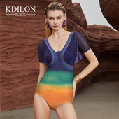 凯迪龙温泉复古性感游泳衣女聚拢保守撞色显瘦露背纱袖 连体三角装