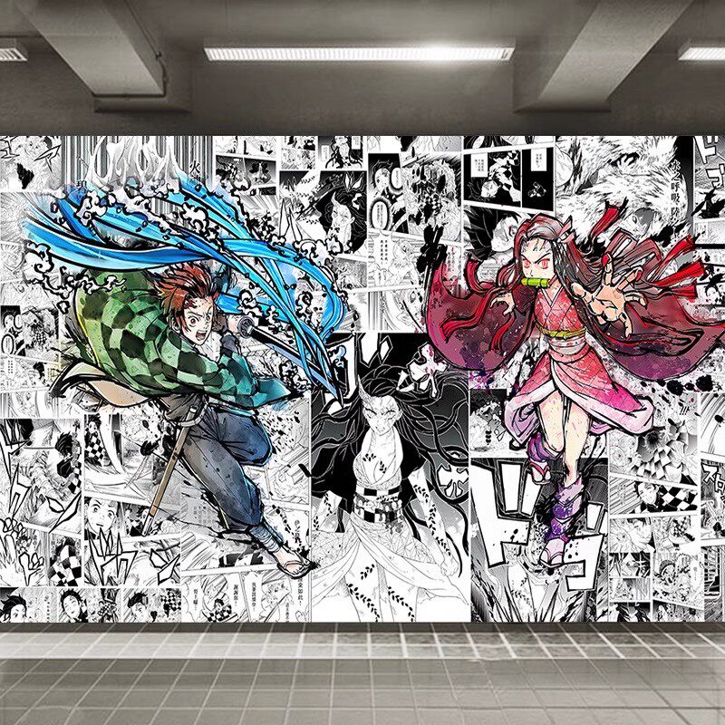 3D鬼灭之刃动漫墙纸黑白漫画炭治郎祢豆子背景墙主卧房间装饰壁画