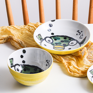 日本原装 餐具釉下彩洗碗机可 进口卡通河豚动物菜盘子碟子饭碗日式