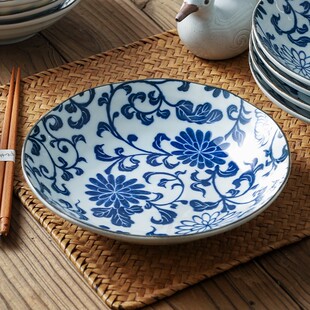 日本进口陶瓷青风日式家用餐具菊唐草面碗汤碗盘子菜盘深盘釉下彩