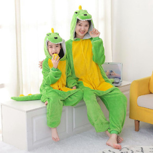 母女母子款亲子连体睡衣秋冬小女童恐龙可爱长袖法兰绒家居服套装