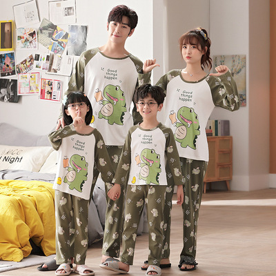 纯棉亲子睡衣春秋季母女母子长袖大码一家三口四口男童套装家居服