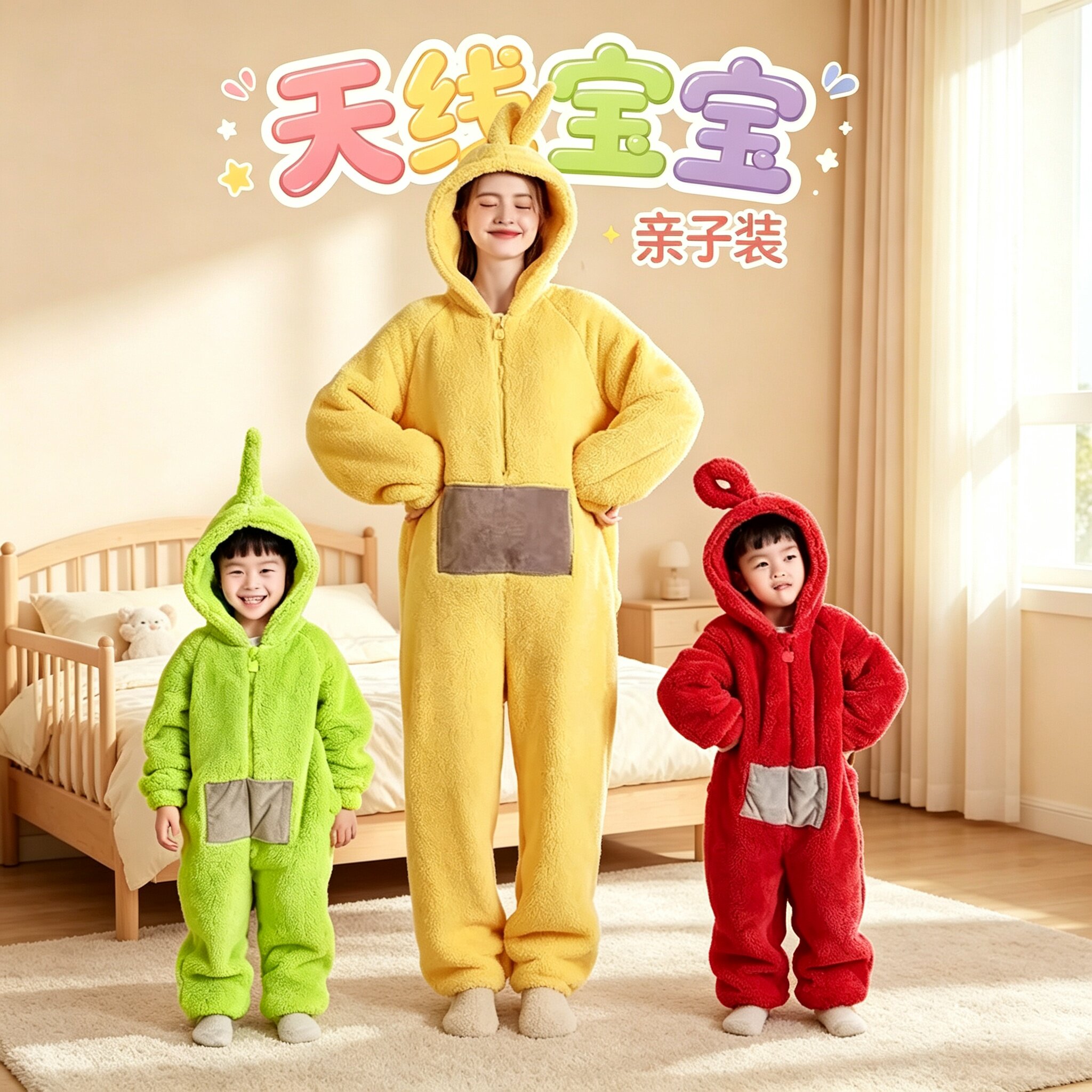 亲子睡衣秋冬母女母子一家三口珊瑚绒女童连体可爱卡通连帽家居服
