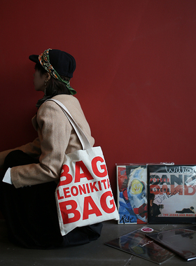 LEONIKITA经典设计复古老海报红蓝大字母 环保布袋 单肩包 帆布包