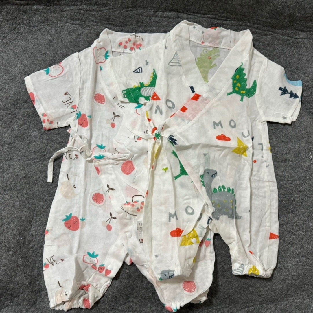 外贸原单夏季竹棉纱布系绳和尚衣款短袖短爬服