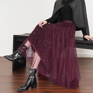 网纱裙丝绒半身裙秋冬女2025新款 高腰遮胯垂感大摆裙亮片纱裙长裙