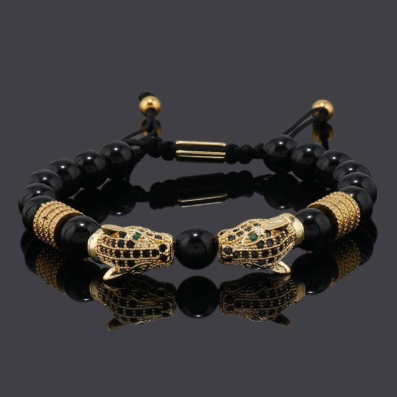 Luxury Black Stone Beads Man Bracelet Leopard Head Charms