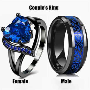 Women Romantic Rings Zircon Blue Rhinestones Heart Couple
