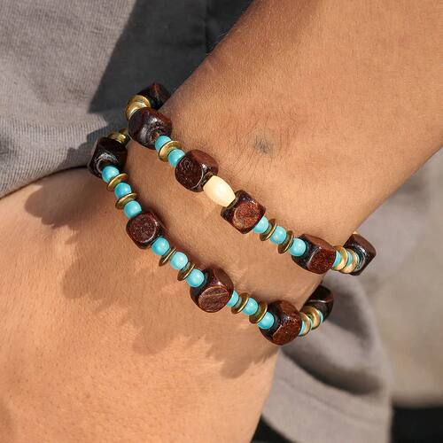 Vintage men's handmade wooden beads bracelet multi-layered
