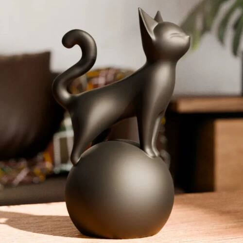 Cat Sculpture on a Ball – Minimalist 3D Art, Simple Black