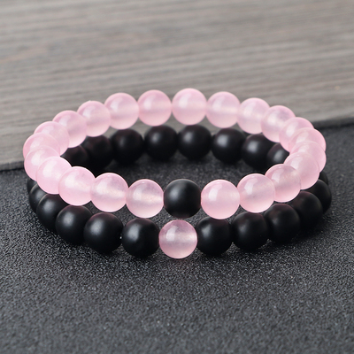 2Pcs/Set Natural Stone Pink Black Beads Couple Distance
