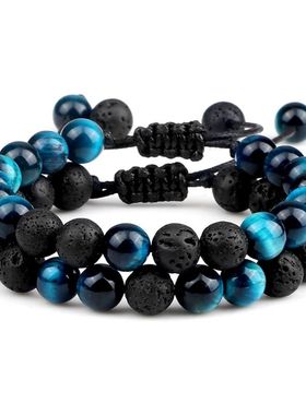 2pcs/set Natural Stone Bracelet Men Women Tiger Eye Black