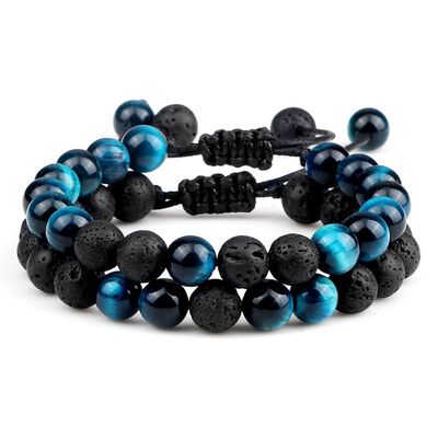 2pcs/set Natural Stone Bracelet Men Women Tiger Eye Black