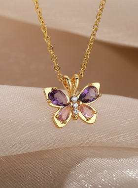 Cute Butterfly Necklace For Women Crystal Purple Butterfly