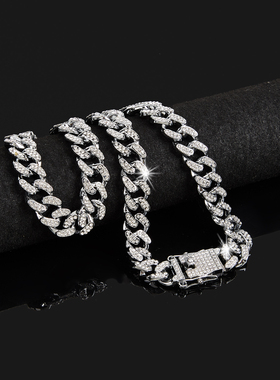 Hip Hop Miami Cuban Chain Necklace 13mm Iced Rhinestones