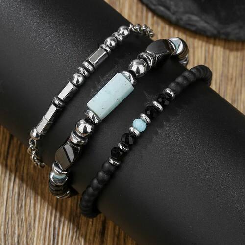 Natural stone and wood beads bracelet men's black matte