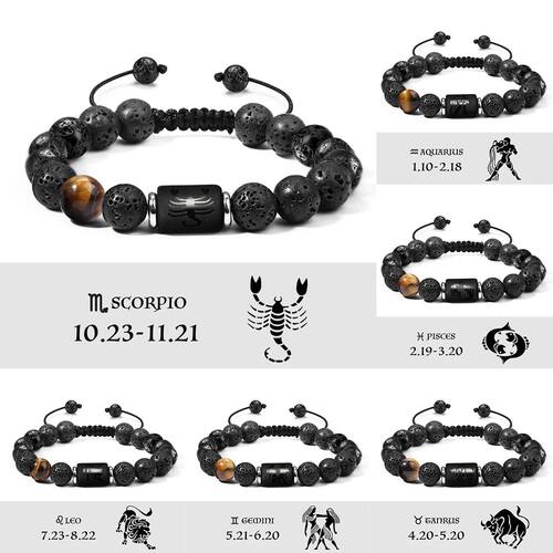 12 Zodiac Signs Charm 10mm Natural Lava Volcanic Stone