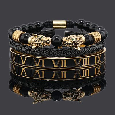 Black Stone Beads Leopard Head Handmade Bracelets For Men