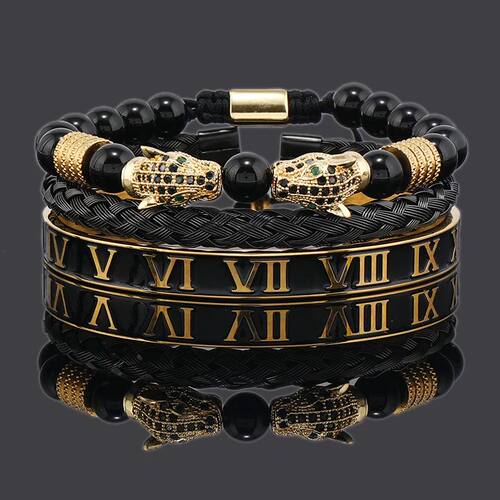 Black Stone Beads Leopard Head Handmade Bracelets For Men