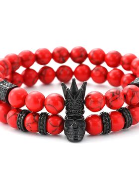 Red Turquoise Black Skull Crown Beads Bracelet For Men