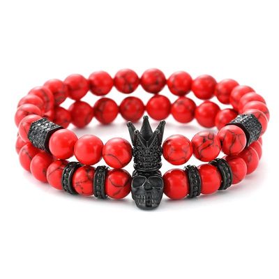 Red Turquoise Black Skull Crown Beads Bracelet For Men