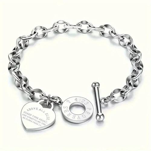 1pc Stainless Steel Bracelet With Heart Pendant, Double