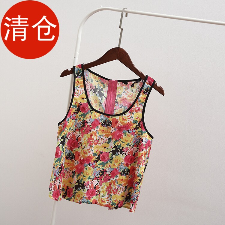 M系列夏季剪标时尚印花百搭显瘦雪纺衫女短款背心无袖上衣42515