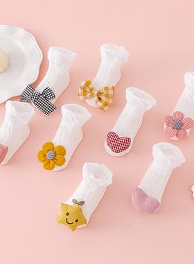 婴幼儿夏季袜子女宝宝纯棉薄款蝴蝶结隔凉袜白色中筒网眼袜0-3月