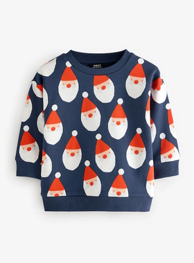 现货英国NEXT童装男童秋冬蓝色圣诞卫衣保暖加绒圆领套头衫上衣