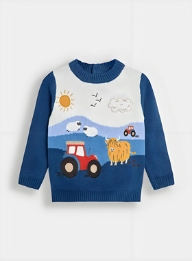 英国JOJO童装男童男宝25秋新款圣诞蓝色农场长袖套头毛衣针织衫