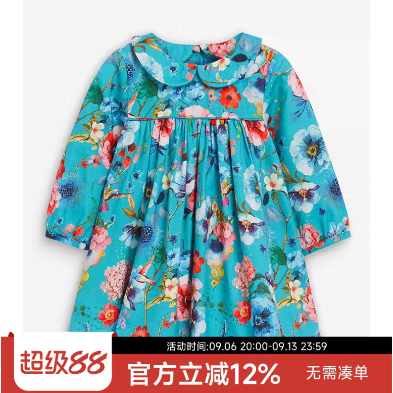 现货英国NEXT正品童装婴幼儿蓝绿色花卉长袖连衣裙子洋装公主裙