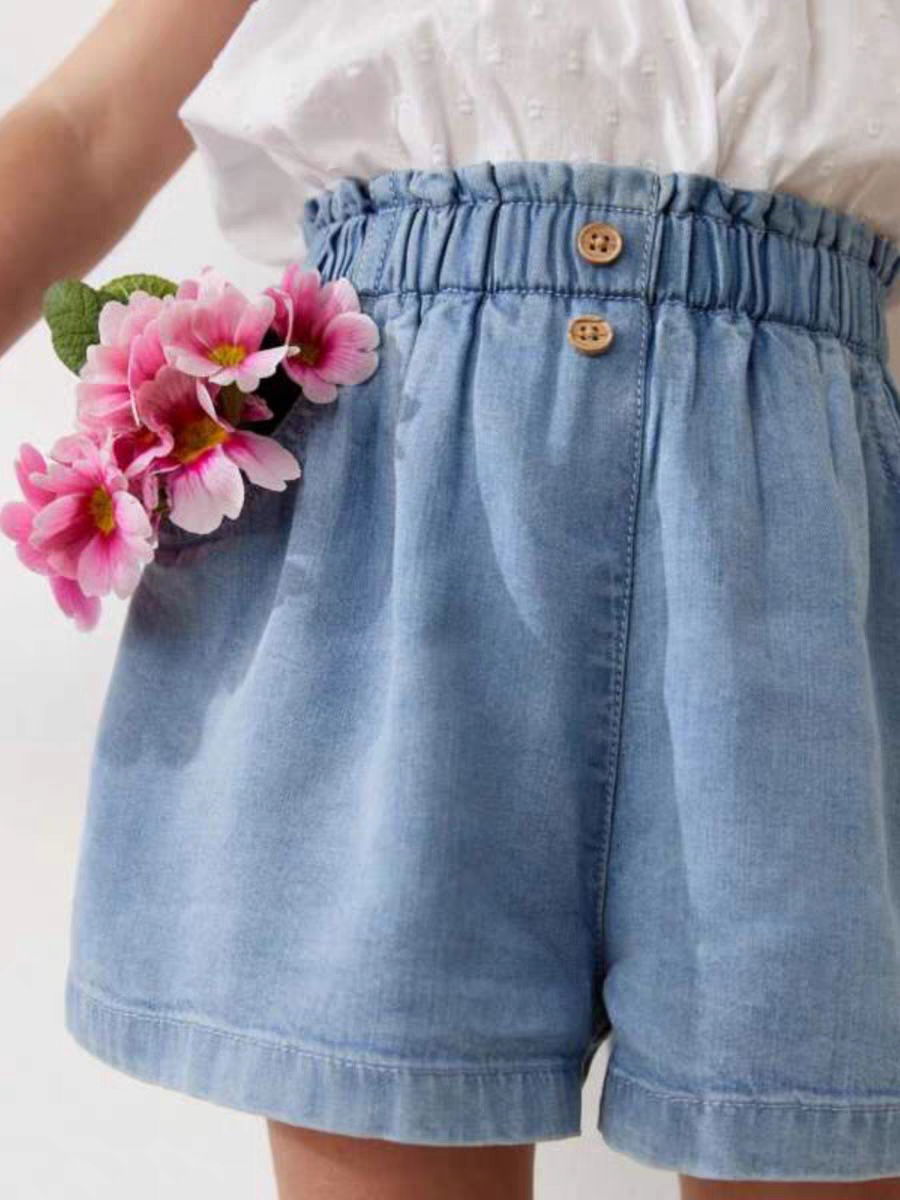 英国NEXT童装24夏女童夏季丹宁蓝色牛仔色短裤女宝宝假鈕扣裤子