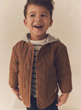 现货英国next童装春秋男童男宝宝菱格纹拼接夹棉棉服连帽夹克外套