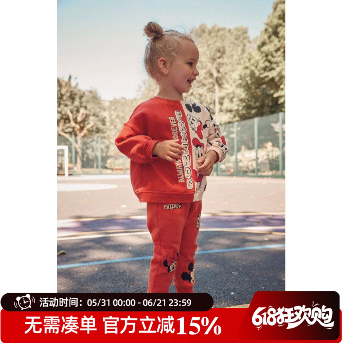 现货英国Next童装正品女童红色薄绒套头卫衣上衣+裤子套装运动服
