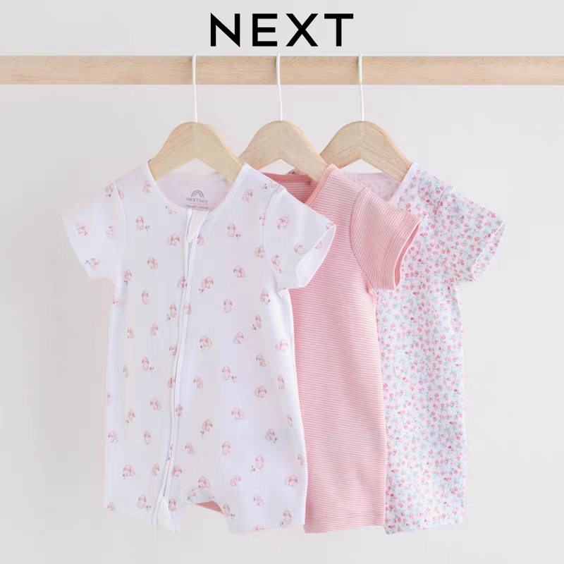现货英国NEXT新生婴儿女宝宝双向拉链纯棉短袖哈衣连体衣空调爬服