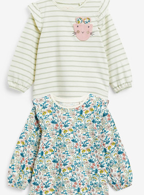 现货英国NEXT正品童装春秋女宝宝女童蓝色花漾老鼠长袖T恤上衣2件