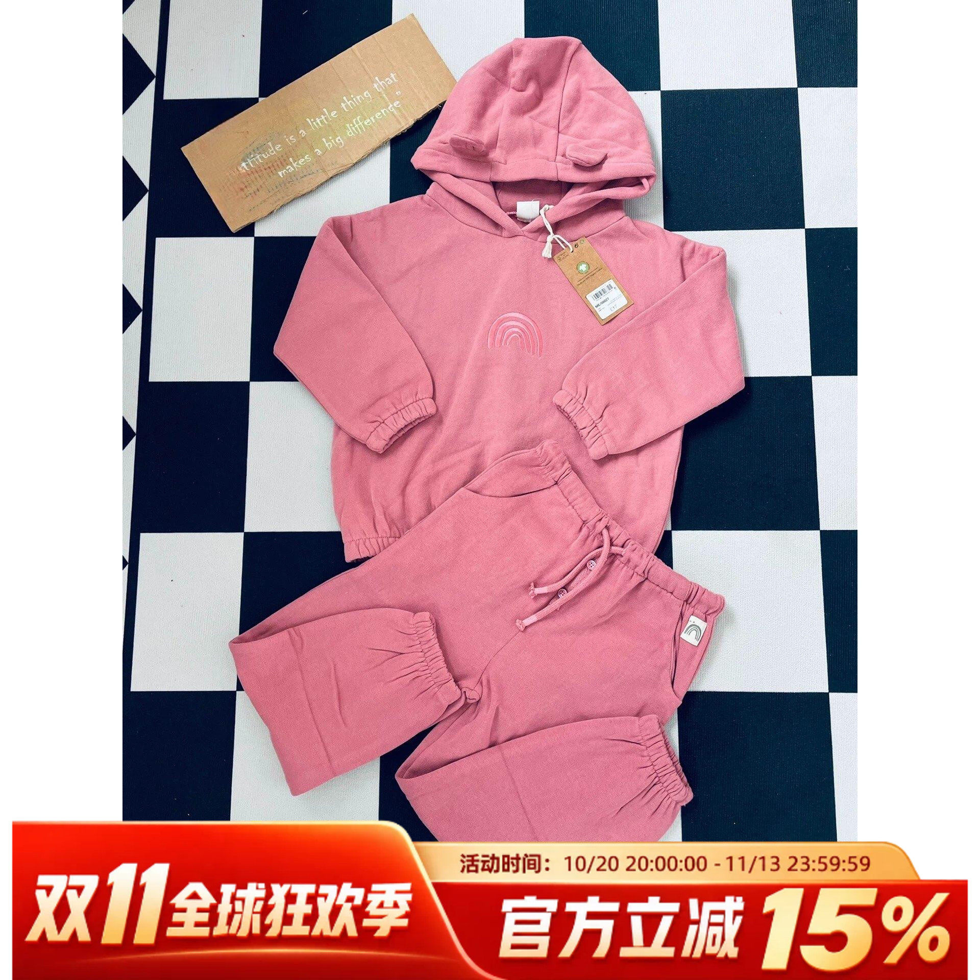 现货英国NEXT童装春秋女童女宝宝加绒粉色彩虹连帽卫衣卫裤套装