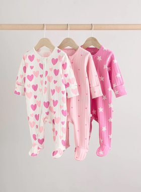 现货英国NEXT童装女宝宝双向斜拉链纯棉睡衣爬爬服新生婴儿连体衣