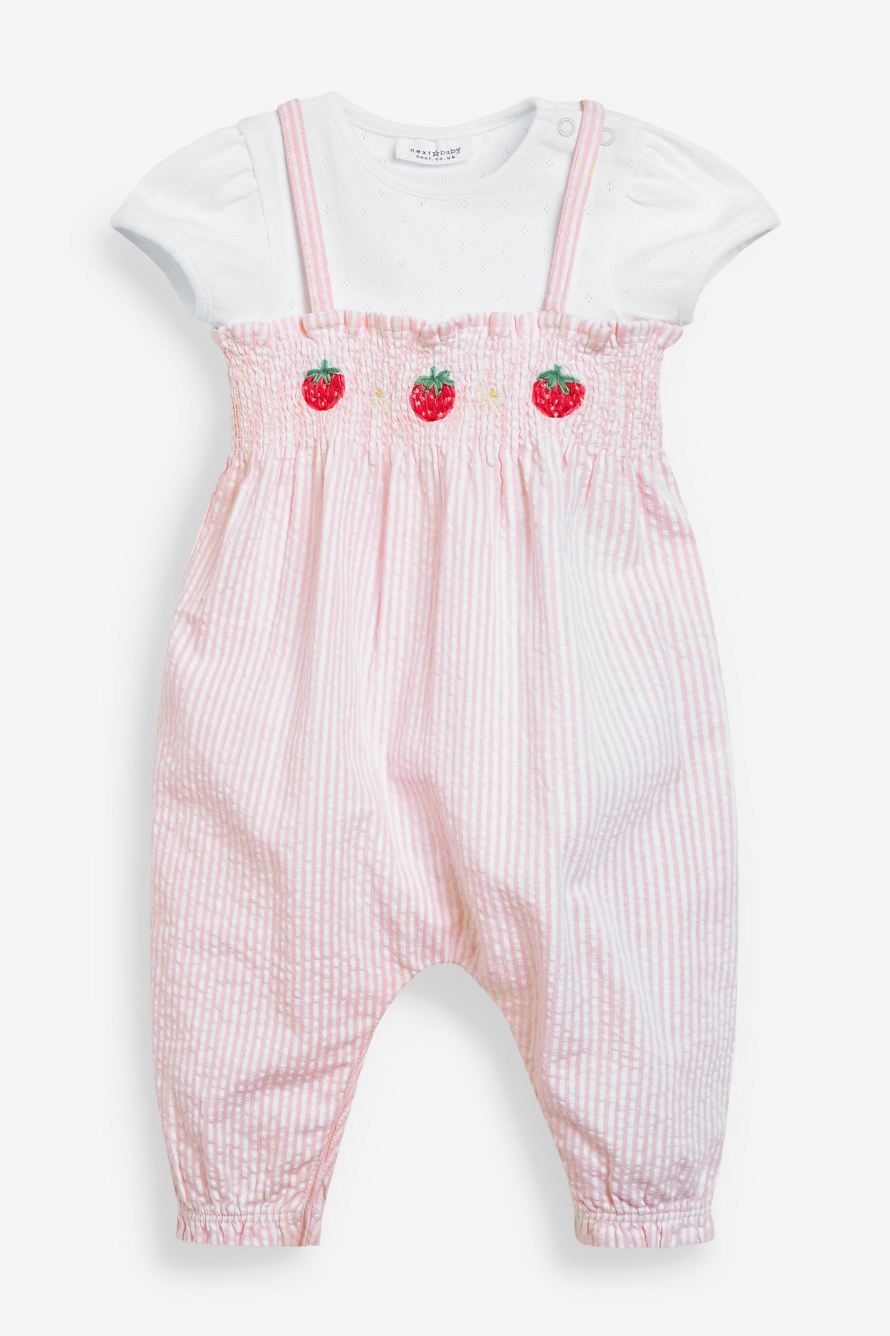 现货英国NEXT童装女宝宝粉色泡泡纱草莓吊带背带裤短袖包屁衣套装