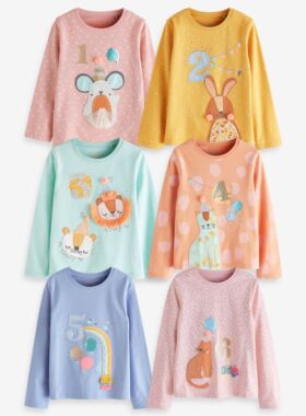 现货英国next童装女童女宝宝生日图案纯棉卡通长袖T恤上衣一件装