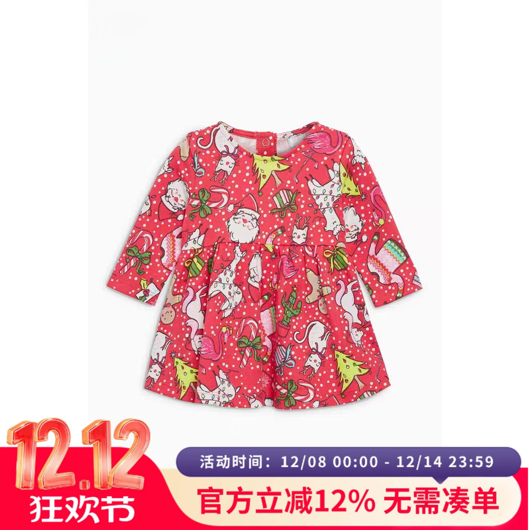 现货英国next女宝宝全棉百日长袖连衣裙公主裙圣诞老人红色连衣裙
