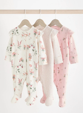 现货进口英国NEXT童装婴儿长袖连体衣宝宝衣服纯棉连身衣爬服3件