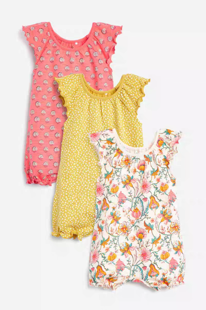 现货英国NEXT童装女宝宝珊瑚红黄色花卉点点纯棉短袖连体衣爬服