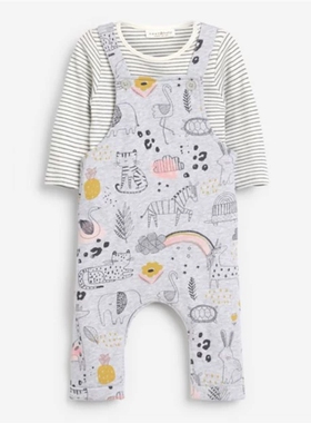 清仓现货英国NEXT童装男女宝宝春秋长袖包屁衣灰色动物背带裤套装