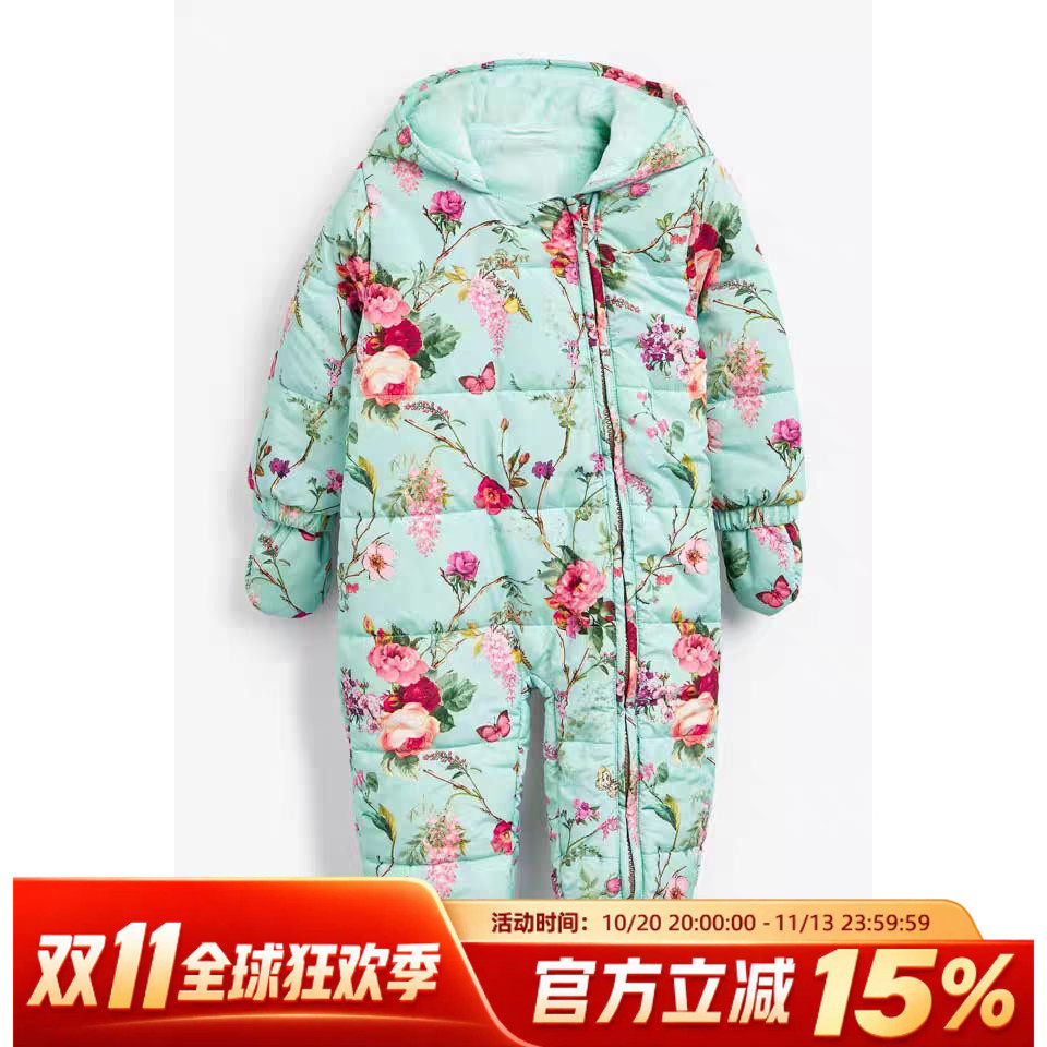 现货英国next冬女宝宝婴幼儿印花拉链加绒保暖连体棉服连体服外套