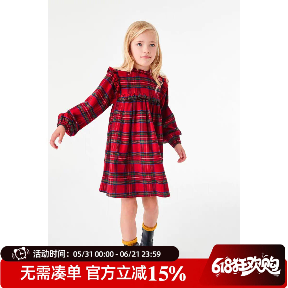 现货英国next女大童纯棉亲子百搭经典款格子裙黑白长袖连衣裙子