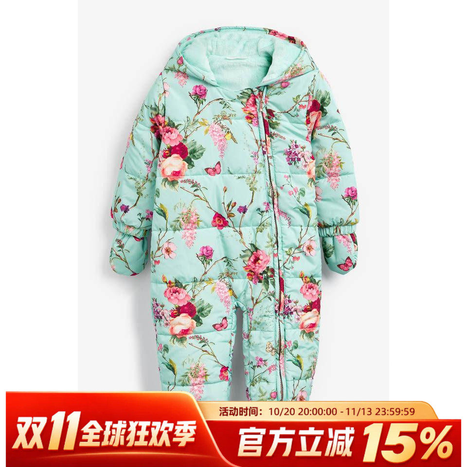 现货英国next秋冬女宝婴幼儿宝宝印花拉链加绒保暖连体棉服外套
